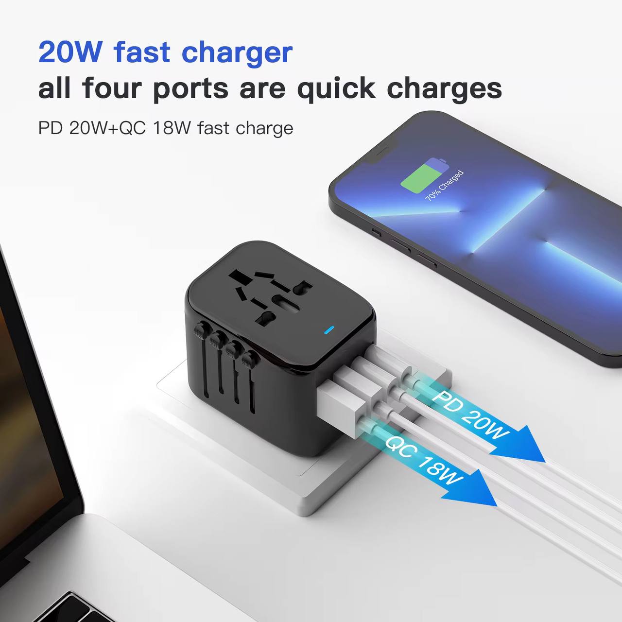 Travel Charger 2 USB 2 TYPE C Worldwide Compatible Universal EU AU US UK QC18W PD 20W with 4 Ports Travel Adapter